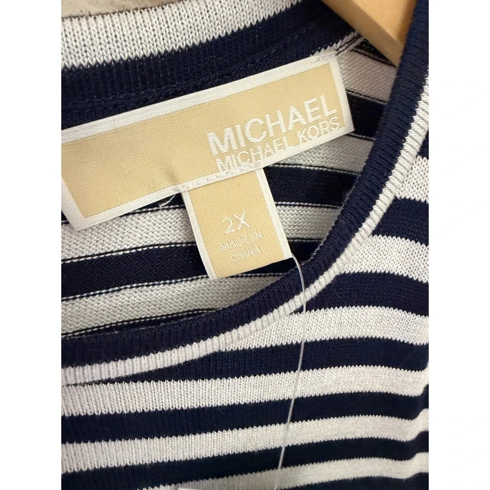 NWT Michael Kors Plus Size 2X Navy Striped Asymmetrical Midi Dress Stretch $149
